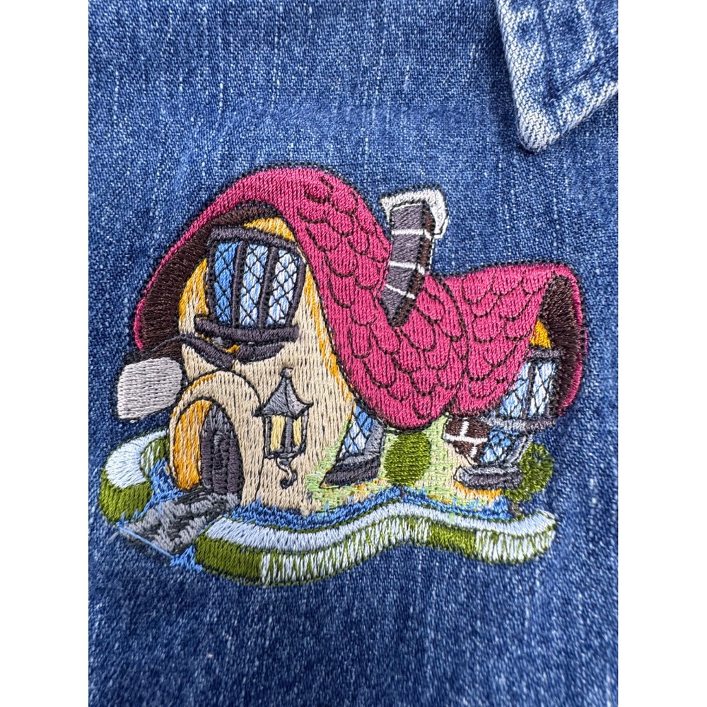 Christopher & Banks Womens Denim Shirt Cottagecore Embroidered House Blue Size L - Picture 5 of 5